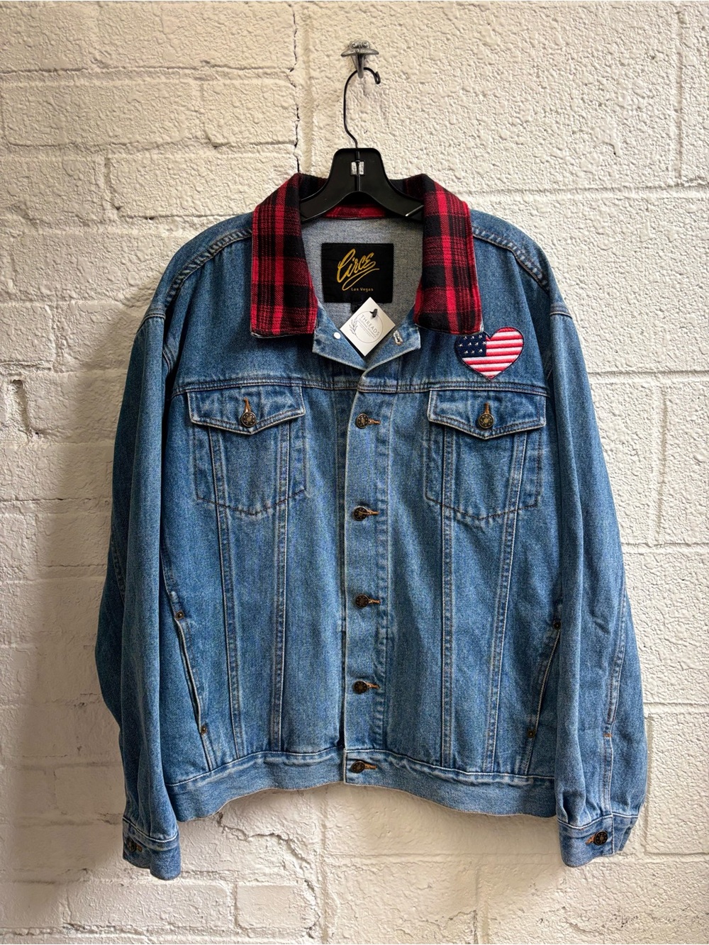 Vintage Circe Denim Jacket with Hand Stitched Red Plaid Collar & Back